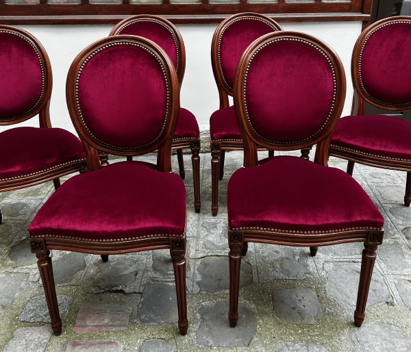 Chaises médaillon de style Louis XVI avec tissu velours