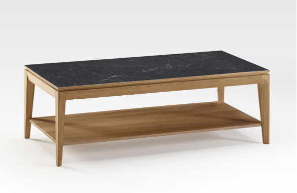 Table basse en chêne et céramique avec tablette inférieure, référence BUZZ