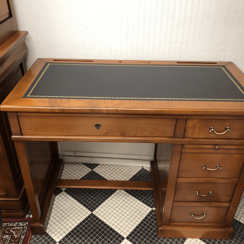 Bureau demi-caisson en merisier avec plateau dessus cuir